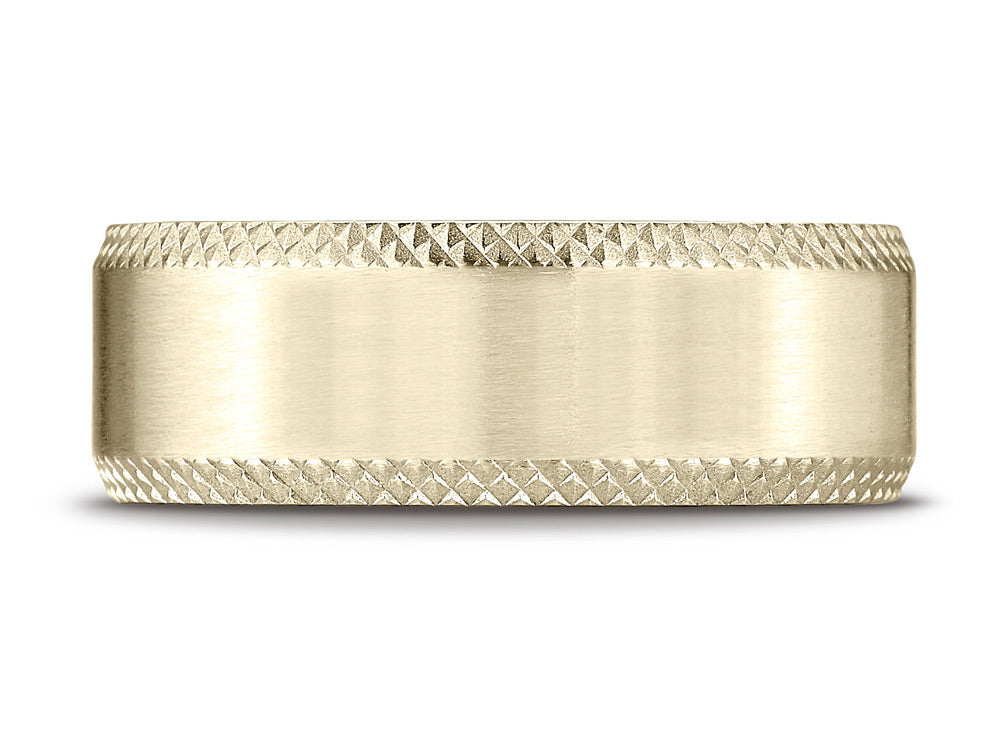 Benchmark® 18k Gold 8mm Comfort-fit Satin-finished Cross Hatched Beveled Edge Carved Design Wedding Band Ring
