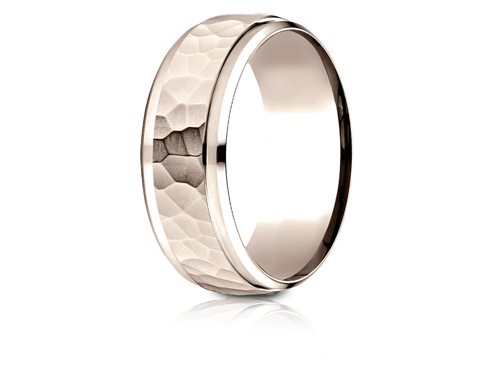 Benchmark® 14k Rose Gold 8mm Comfort-fit Drop Bevel Hammered Finish Design Wedding Band Ring