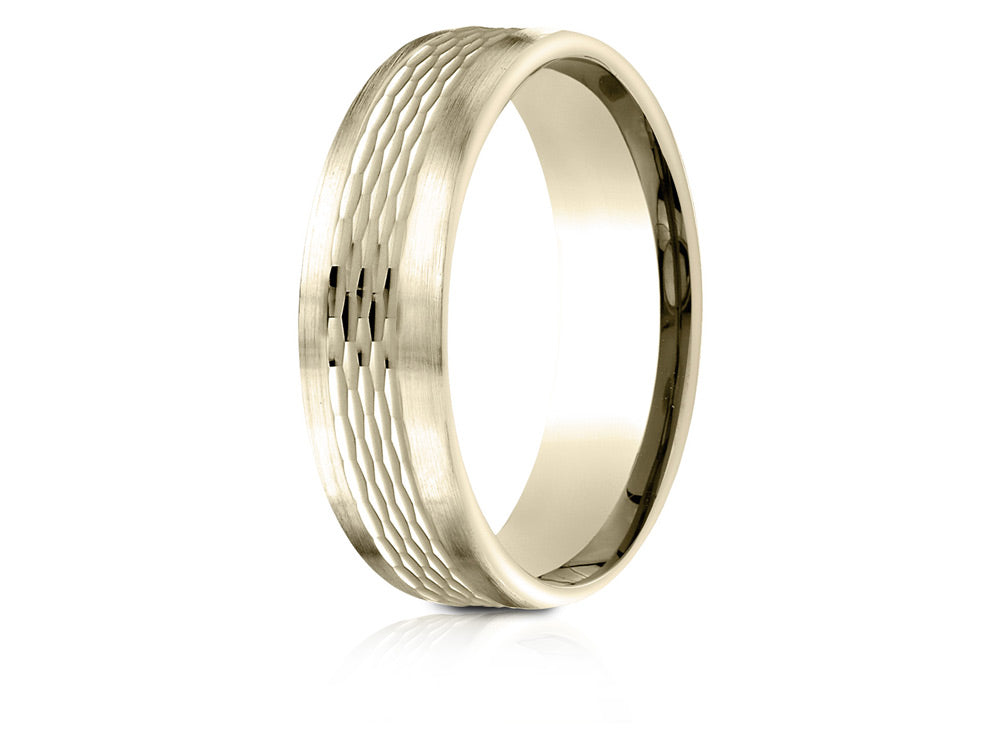 Benchmark® 14 Karat Gold 6.5mm Comfort-fit Mesh Center Satin Finish Edge Design Wedding Band Ring