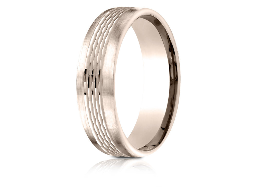 Benchmark® 14 Karat Rose Gold 6.5mm Comfort-fit Mesh Center Satin Finish Edge Design Wedding Band Ring