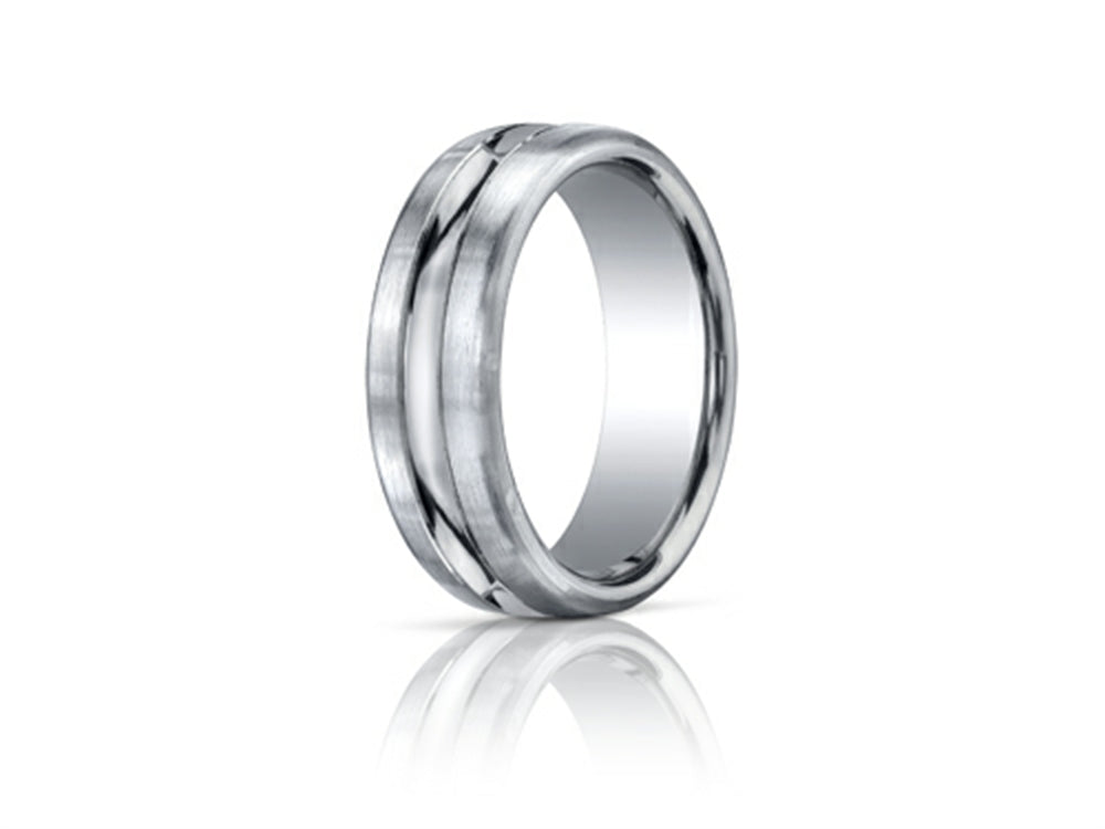 Benchmark® 7.5mm Comfort-fit Satin-finished High Polished Center Cut Carved Design Wedding Band Ring