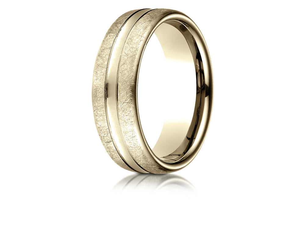 Benchmark® 18k Gold 7.5 Mm Comfort Fit Swirled Finish Center Convex Cut Design Wedding Band Ring