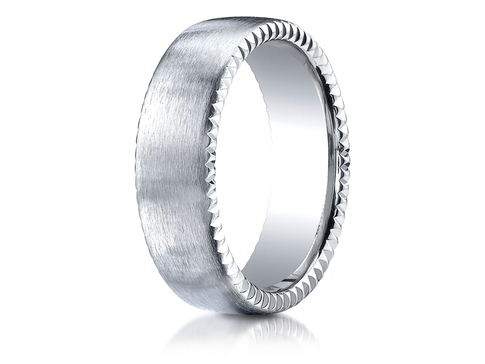 Benchmark® 4.5mm Comfort-fit Satin-finished Rivet Coin Edging Carved Design Wedding Band Ring