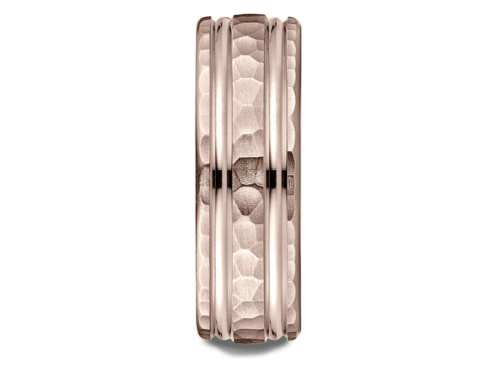Benchmark® 14 Karat Rose Gold 7.5mm Comfort-fit Hammered Finish Double High Polish Cut Design Wedding Band Ring