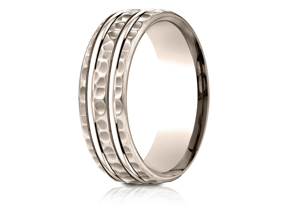 Benchmark® 14 Karat Rose Gold 7.5mm Comfort-fit Hammered Finish Double High Polish Cut Design Wedding Band Ring