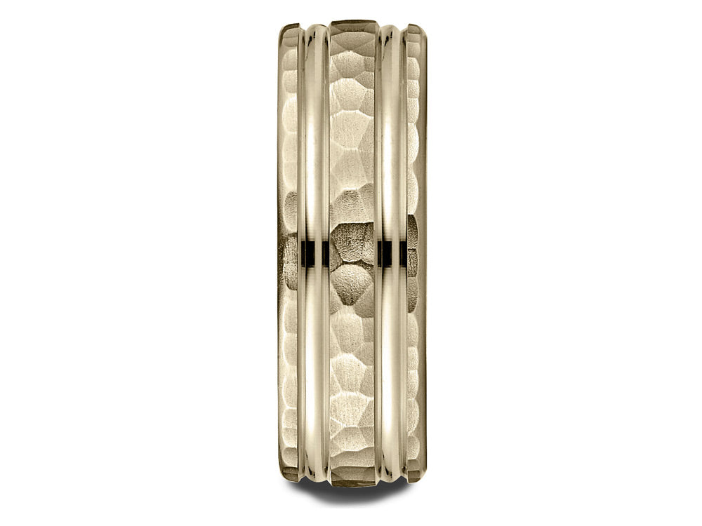Benchmark® 18 Karat Gold 7.5mm Comfort-fit Hammered Finish Double High Polish Cut Design Wedding Band Ring