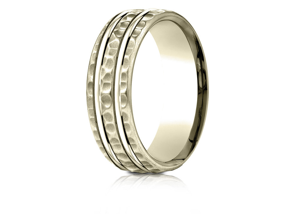 Benchmark® 18 Karat Gold 7.5mm Comfort-fit Hammered Finish Double High Polish Cut Design Wedding Band Ring