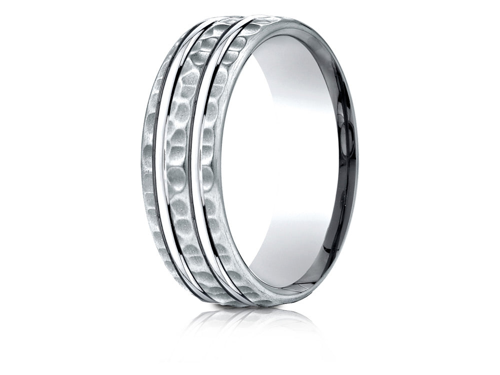 Benchmark® 18 Karat Gold 7.5mm Comfort-fit Hammered Finish Double High Polish Cut Design Wedding Band Ring