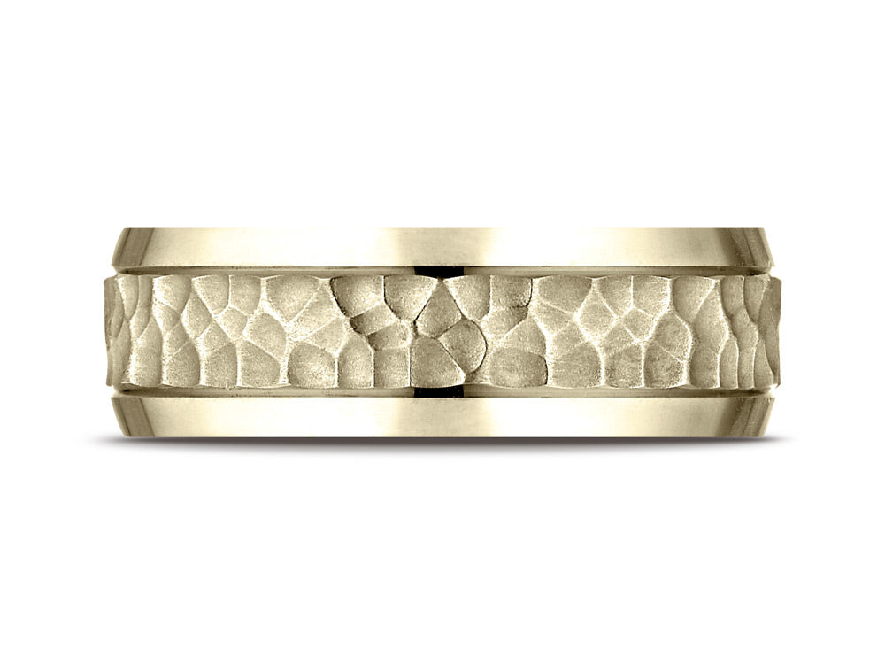 Benchmark® 14k Gold 7.5mm Comfort Fit Hammered Finish Beveled Edge Design Wedding Band Ring