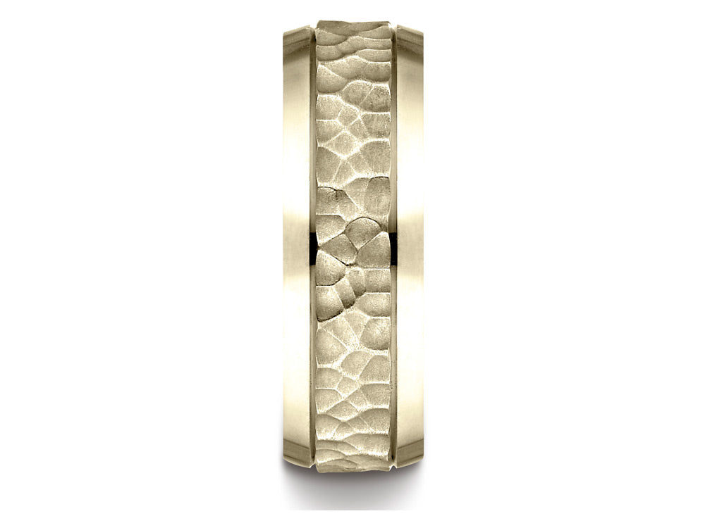 Benchmark® 14k Gold 7.5mm Comfort Fit Hammered Finish Beveled Edge Design Wedding Band Ring