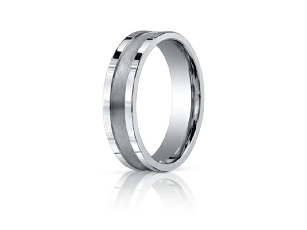 Benchmark® 6mm Comfort-fit Satin-finished Center Squared Edge Carved Design Wedding Band Ring