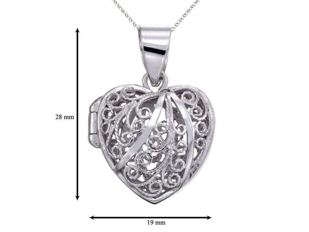 Sterling Silver Rhodium Heart Filigree Locket Pendant Necklace Chain Included