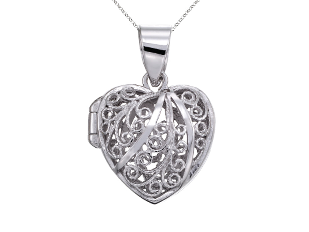 Sterling Silver Rhodium Heart Filigree Locket Pendant Necklace Chain Included