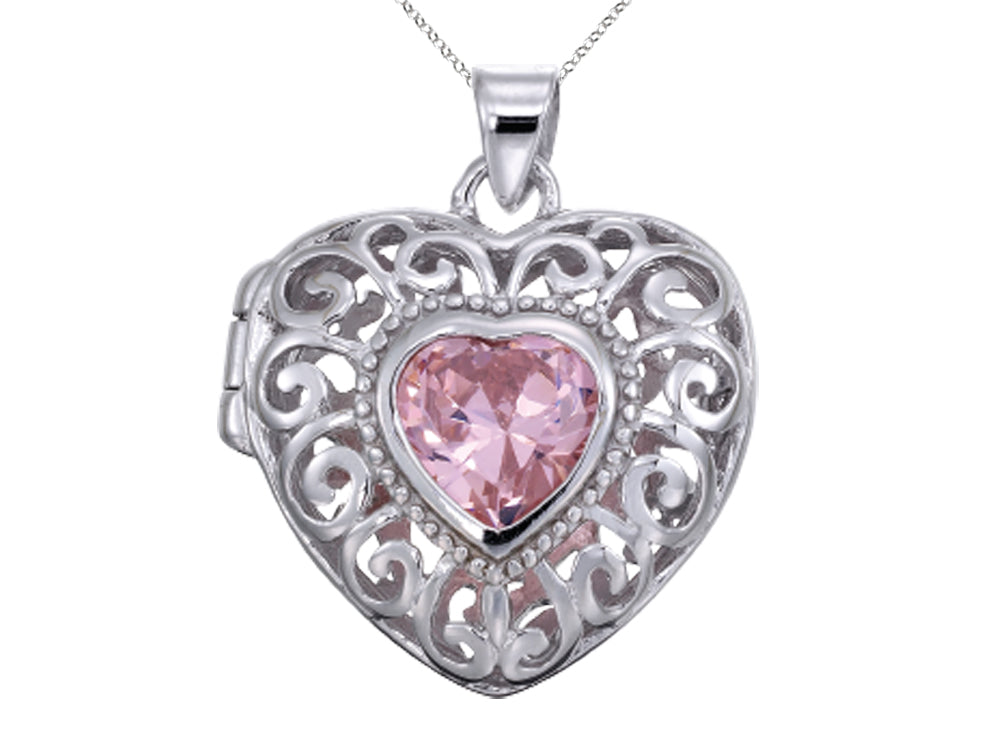 Sterling Silver Rhodium Heart Locket Pendant Necklace With Pink Heart Shape CZ Chain Included