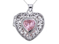 Sterling Silver Rhodium Heart Locket Pendant Necklace With Pink Heart Shape CZ Chain Included