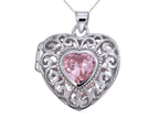 Sterling Silver Rhodium Heart Locket Pendant Necklace With Pink Heart Shape CZ Chain Included