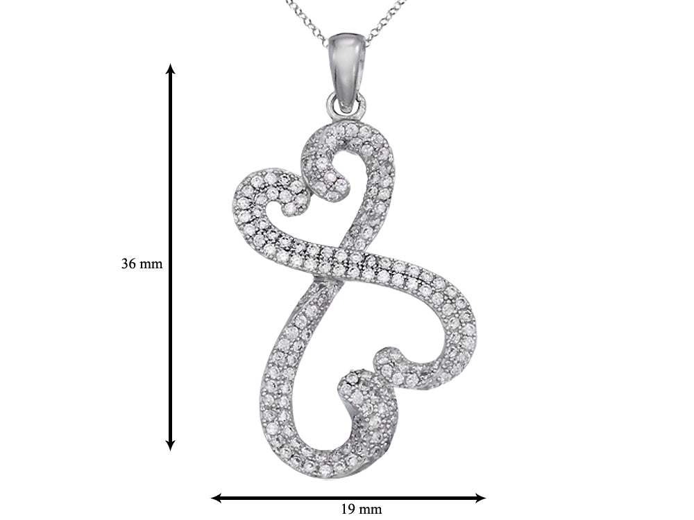 Sterling Silver Double Heart Pendant Necklace with Micropave CZ Chain Included