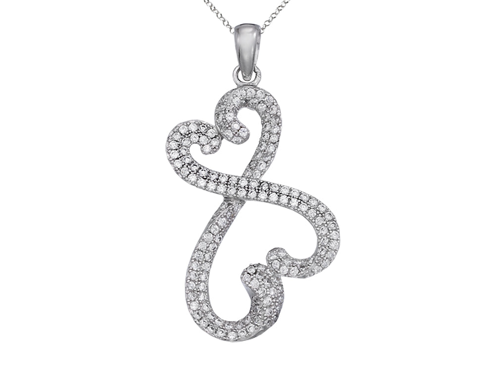Sterling Silver Double Heart Pendant Necklace with Micropave CZ Chain Included