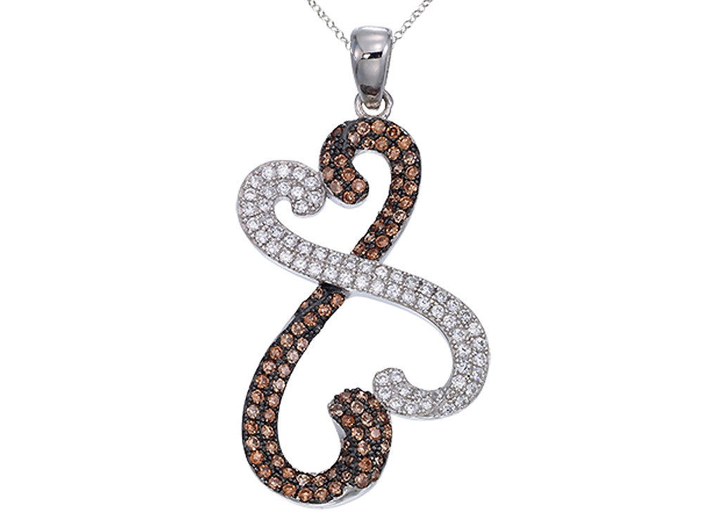 Sterling Silver Double Heart Pendant Necklace with Micropave Chocolate and White CZ Chain Included