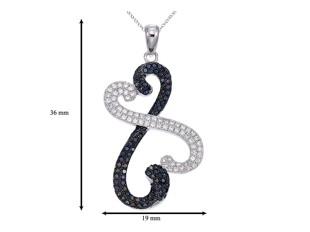 Sterling Silver Double Heart Pendant Necklace with Micropave Black and White CZ Chain Included