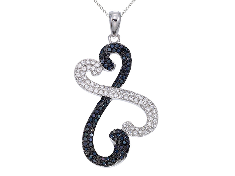 Sterling Silver Double Heart Pendant Necklace with Micropave Black and White CZ Chain Included