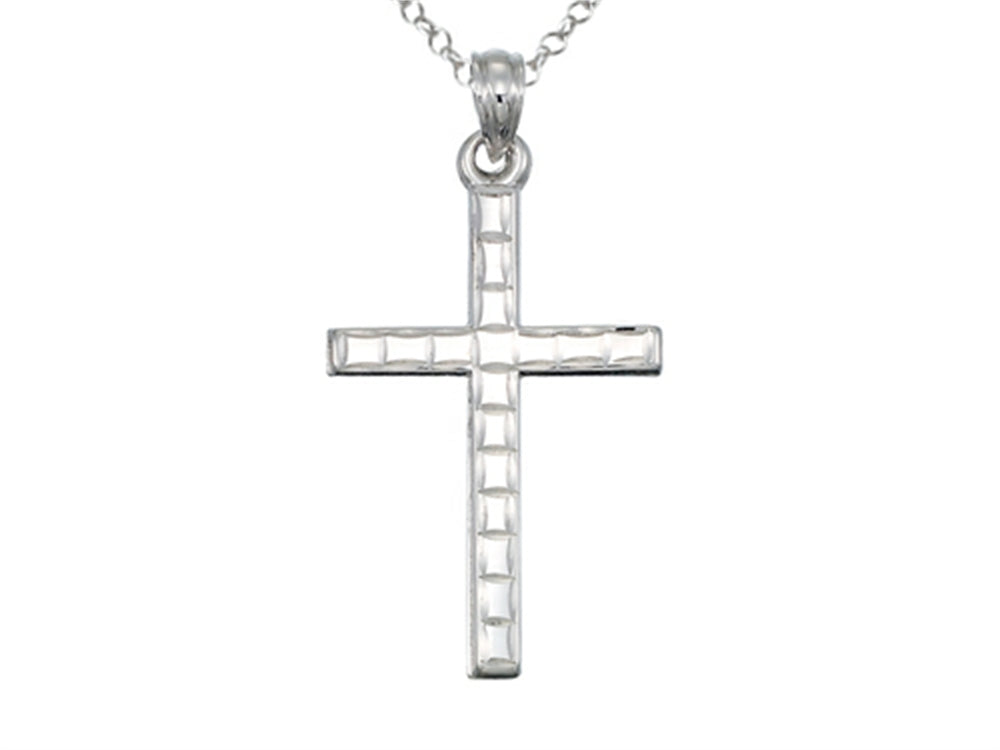 Finejewelers 925 Sterling Silver Rhodium Medium Bright Cut Squares Cross Pendant Necklace Chain Included