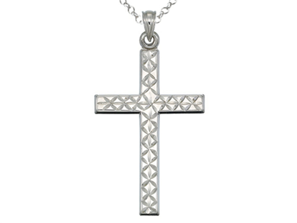 Finejewelers 925 Sterling Silver Rhodium Large Bright Cut Cross Pendant Necklace Chain Included
