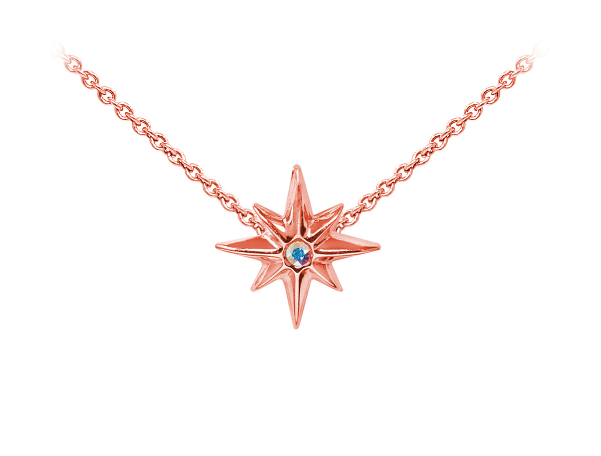 Wind And Fire Rose Tone North Star with Crystal Dainty Pendant Necklace With 18 Inch Adjustable Chain
