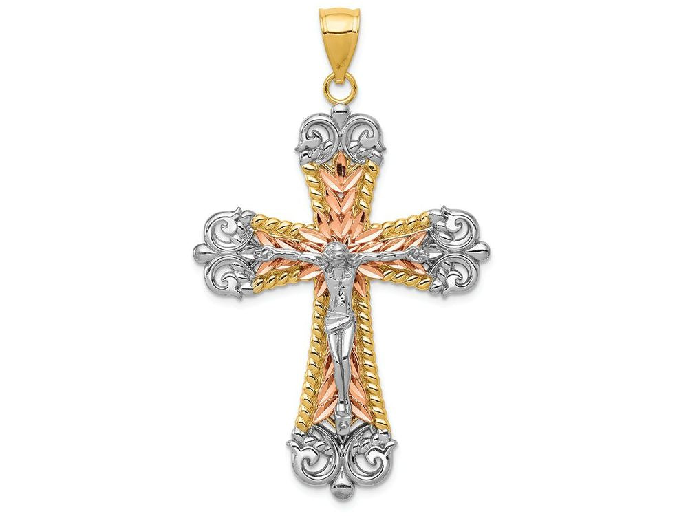 FJC Finejewelers 14 Kt Tri Color Gold with White with Rhodium Crucifix Cross Charm