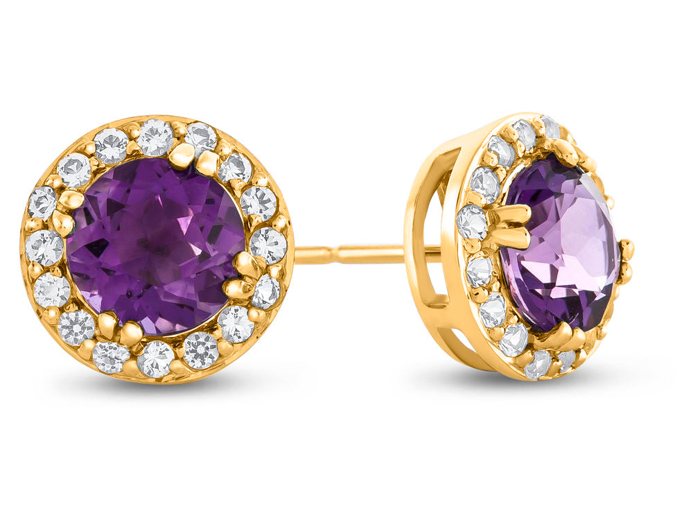 FJC Finejewelers 10k Yellow Gold 6mm Round Amethyst with White Topaz accent stones Halo Earrings