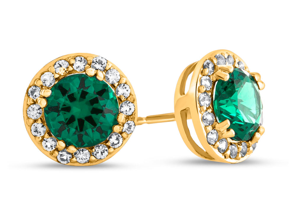 FJC Finejewelers 14k Yellow Gold 6mm Round Simulated Emerald with White Topaz accent stones Halo Earrings