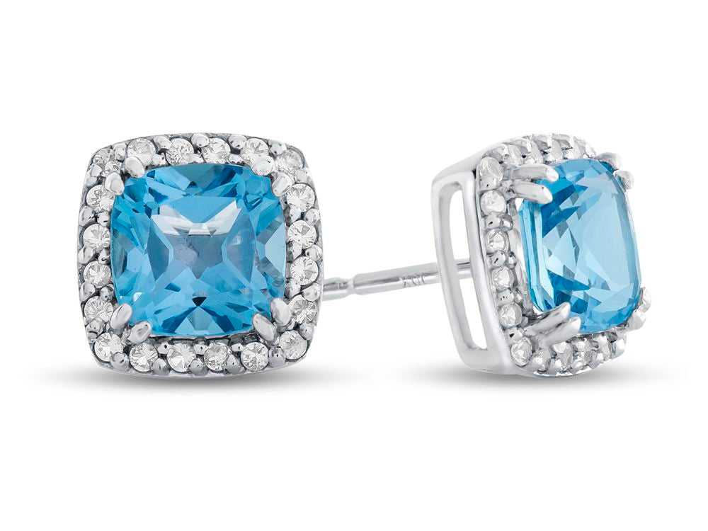FJC Finejewelers 14k White Gold 6mm Cushion-Cut Swiss Blue Topaz with White Topaz accent stones Halo Earrings