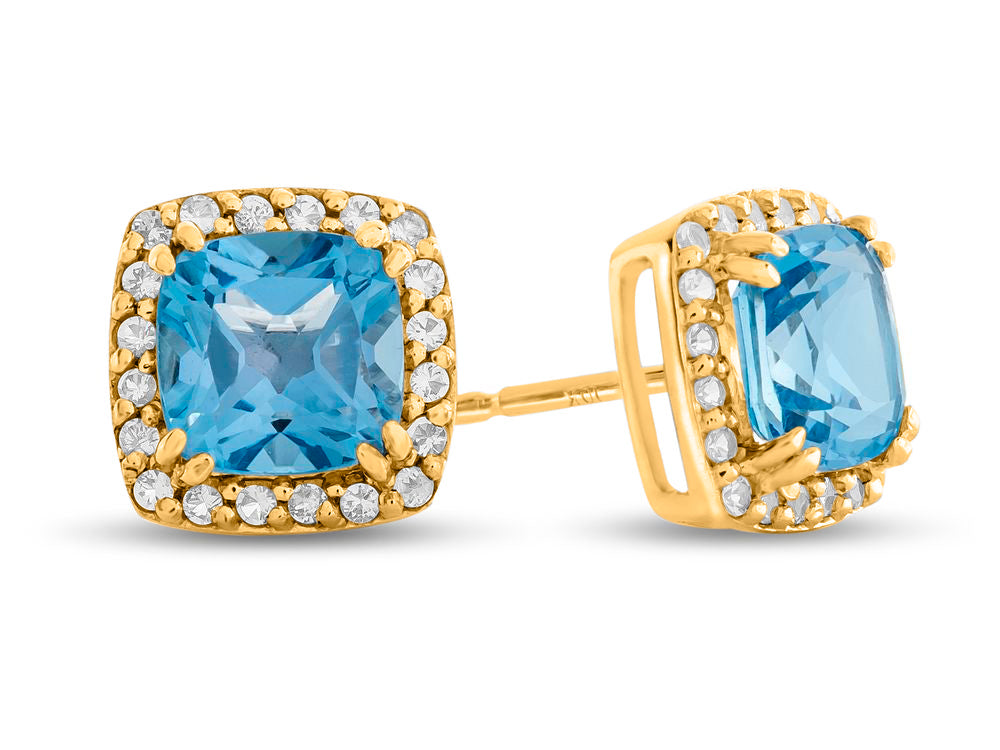 FJC Finejewelers 14k Yellow Gold 6mm Cushion-Cut Swiss Blue Topaz with White Topaz accent stones Halo Earrings