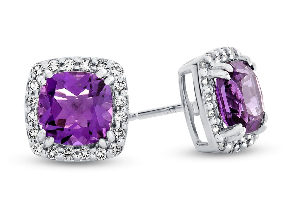 FJC Finejewelers 10k White Gold 6mm Cushion-Cut Amethyst with White Topaz accent stones Halo Earrings