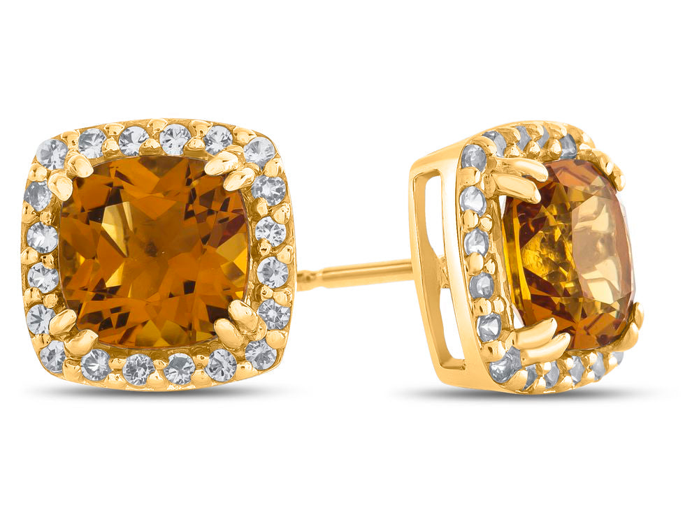 FJC Finejewelers 10k Yellow Gold 6mm Cushion-Cut Citrine with White Topaz accent stones Halo Earrings