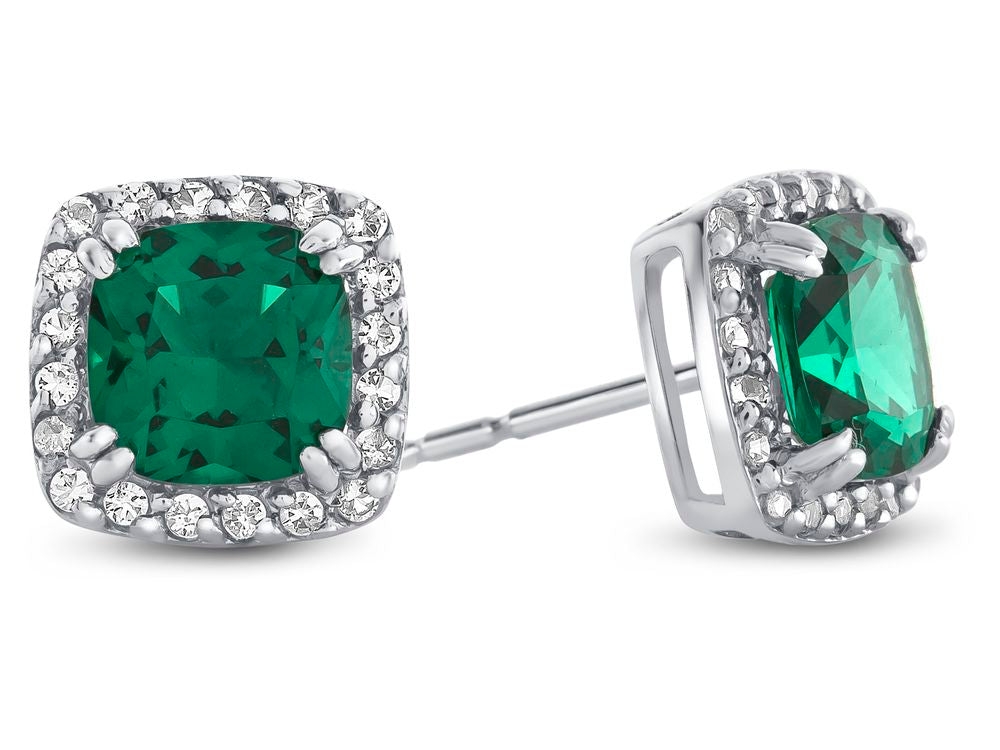 FJC Finejewelers 14k White Gold 6mm Cushion-Cut Simulated Emerald with White Topaz accent stones Halo Earrings
