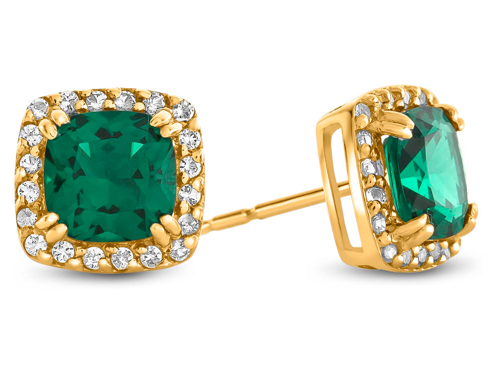 FJC Finejewelers 14k Yellow Gold 6mm Cushion-Cut Simulated Emerald with White Topaz accent stones Halo Earrings