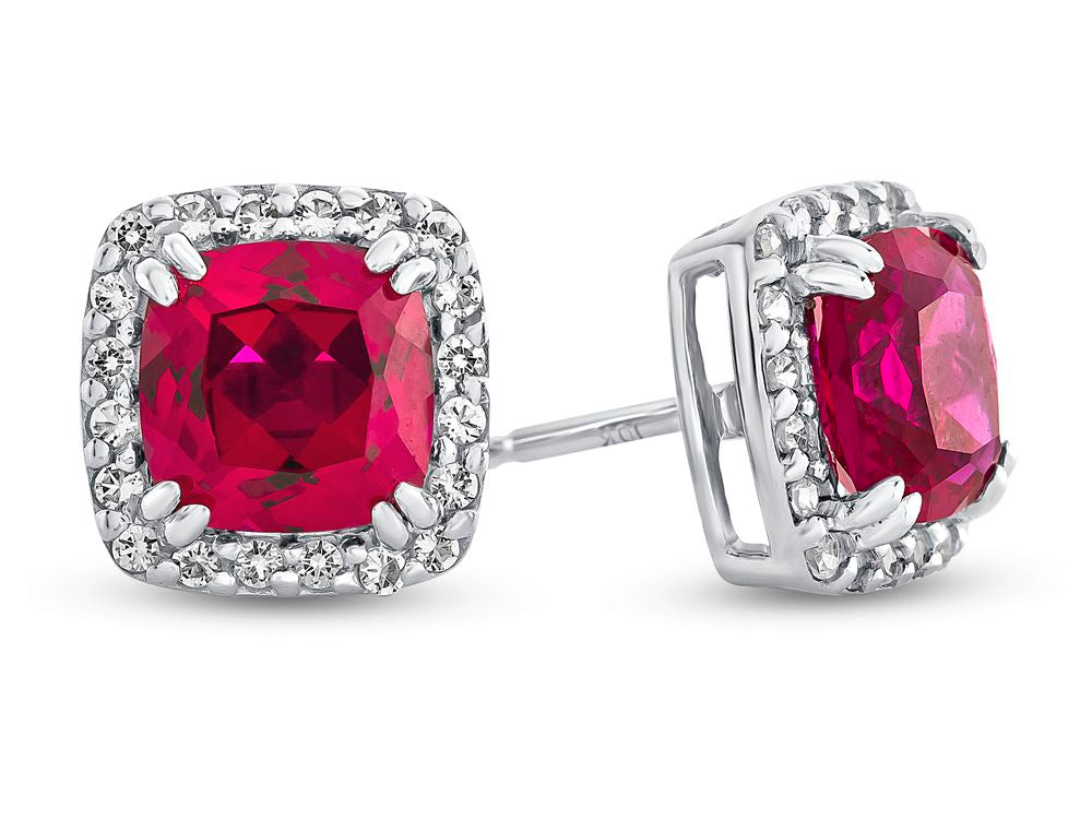 FJC Finejewelers 10k White Gold 6mm Cushion-Cut Created Ruby with White Topaz accent stones Halo Earrings