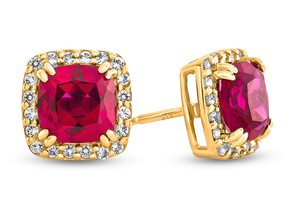 FJC Finejewelers 14k Yellow Gold 6mm Cushion-Cut Created Ruby with White Topaz accent stones Halo Earrings