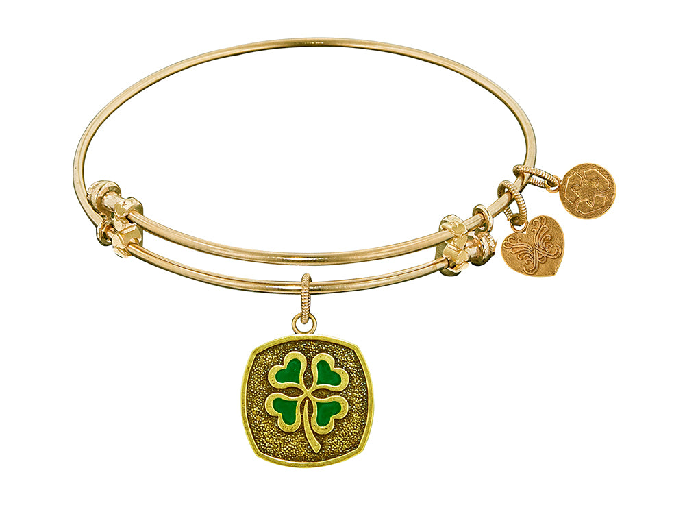 Angelica Collection Antique Yellow Stipple Finish Brass four Leaf Clover --enamel Expandable Bangle