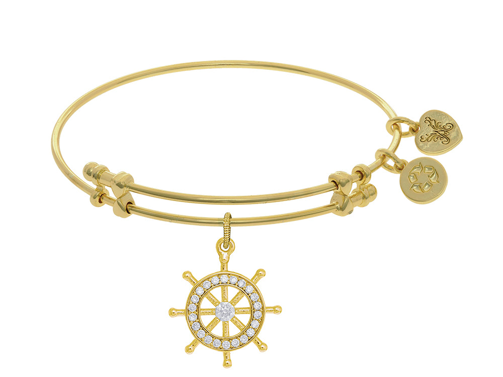 Angelica Collection Brass With Yellow Ship's Steering Wheel Charm With White CZ On Yellow Bangle