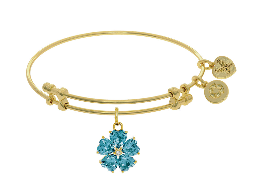 Angelica Collection Brass Yellow 5-heart Flower Charm Lite Blue+small Center White CZ On Yellow Bangle