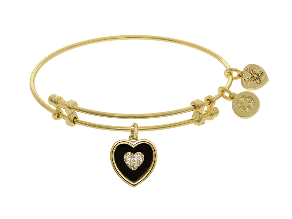 Brass With Yellow Finish Charm Black Onyx With CZ Heart On Yellow Angelica Collection Bangle