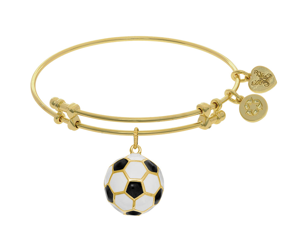 Brass With Yellow Finish Charm With Black+white Enamel Soccer Ball On Yellow Angelica Collection Bangle