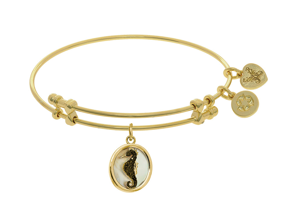 Brass With Oval Sea Horse With Black CZ On Created Mop On Yellow Angelica Collection Bangle