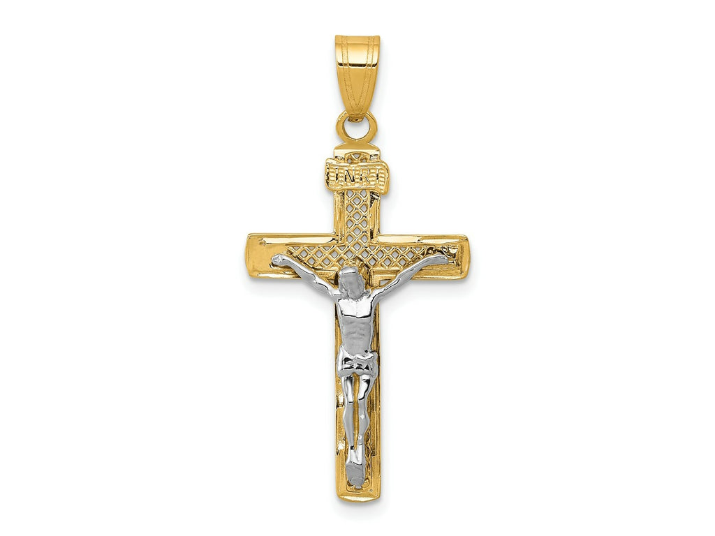 FJC Finejewelers 10 kt Two Tone Gold Two-tone Bright Cut Medium Block Lattice Cross with Crucifix Charm 33 x 16 mm