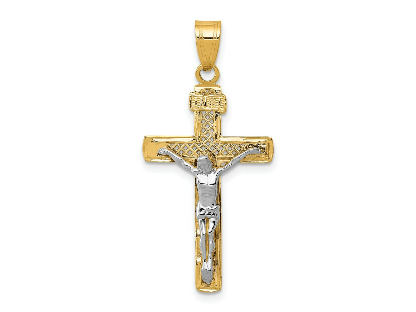 FJC Finejewelers 10 kt Two Tone Gold Two-tone Bright Cut Medium Block Lattice Cross with Crucifix Charm 33 x 16 mm
