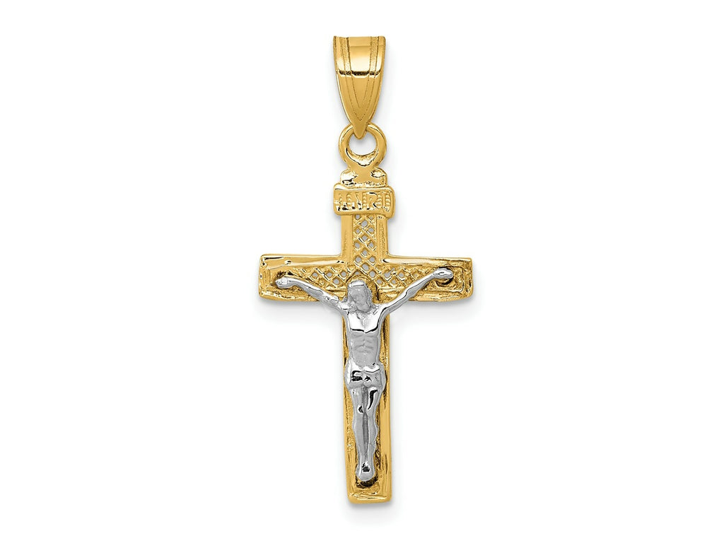 FJC Finejewelers 10 kt Two Tone Gold Two-tone Bright Cut Small Block Lattice Cross with Crucifix Charm 28 x 12 mm