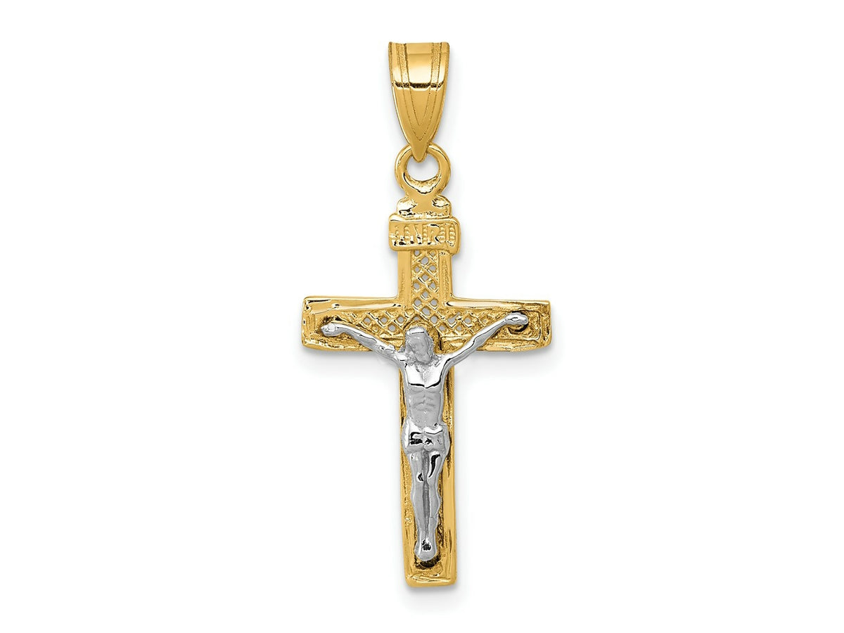 FJC Finejewelers 10 kt Two Tone Gold Two-tone Bright Cut Small Block Lattice Cross with Crucifix Charm 28 x 12 mm