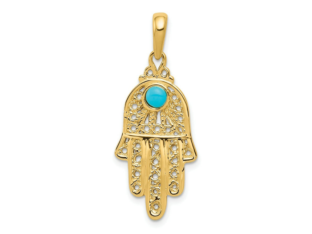 FJC Finejewelers 10 kt Yellow Gold Turquoise Filigree Chamseh Charm 35 x 15 mm